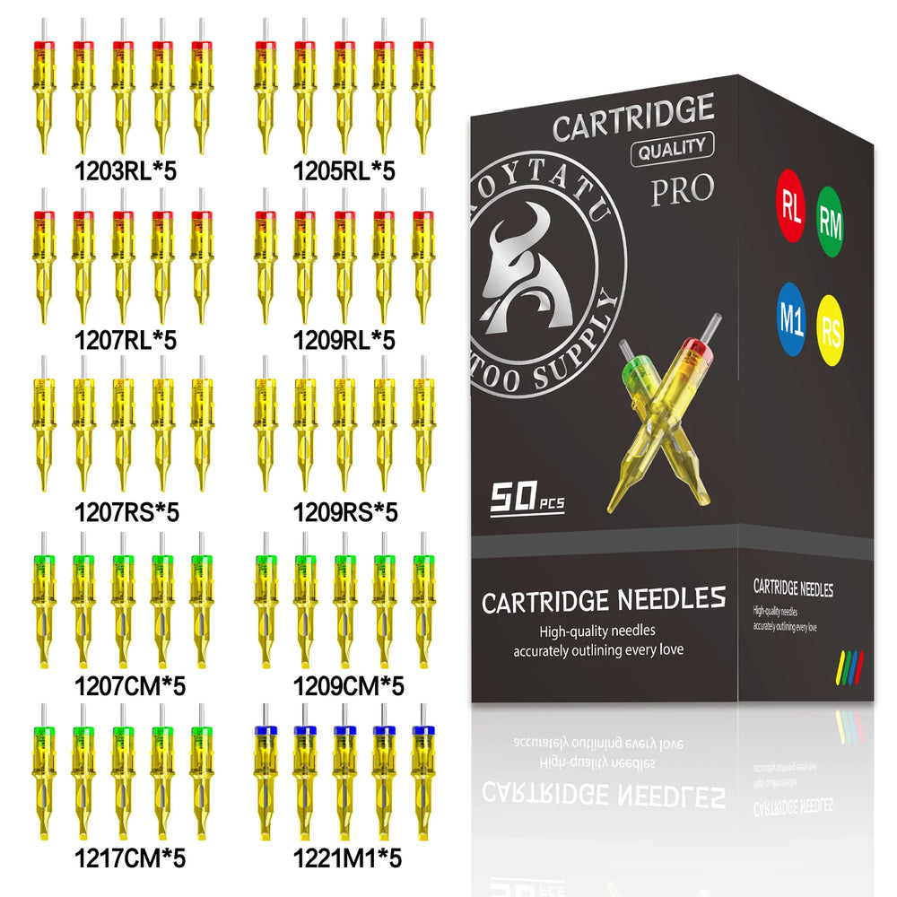 Cartouches d'Aiguilles Tatouage Troytatu PRO 50 Pièces – 316 Inox, Stérilisées EO Gas, 4 Types RL/RS/RM/M1