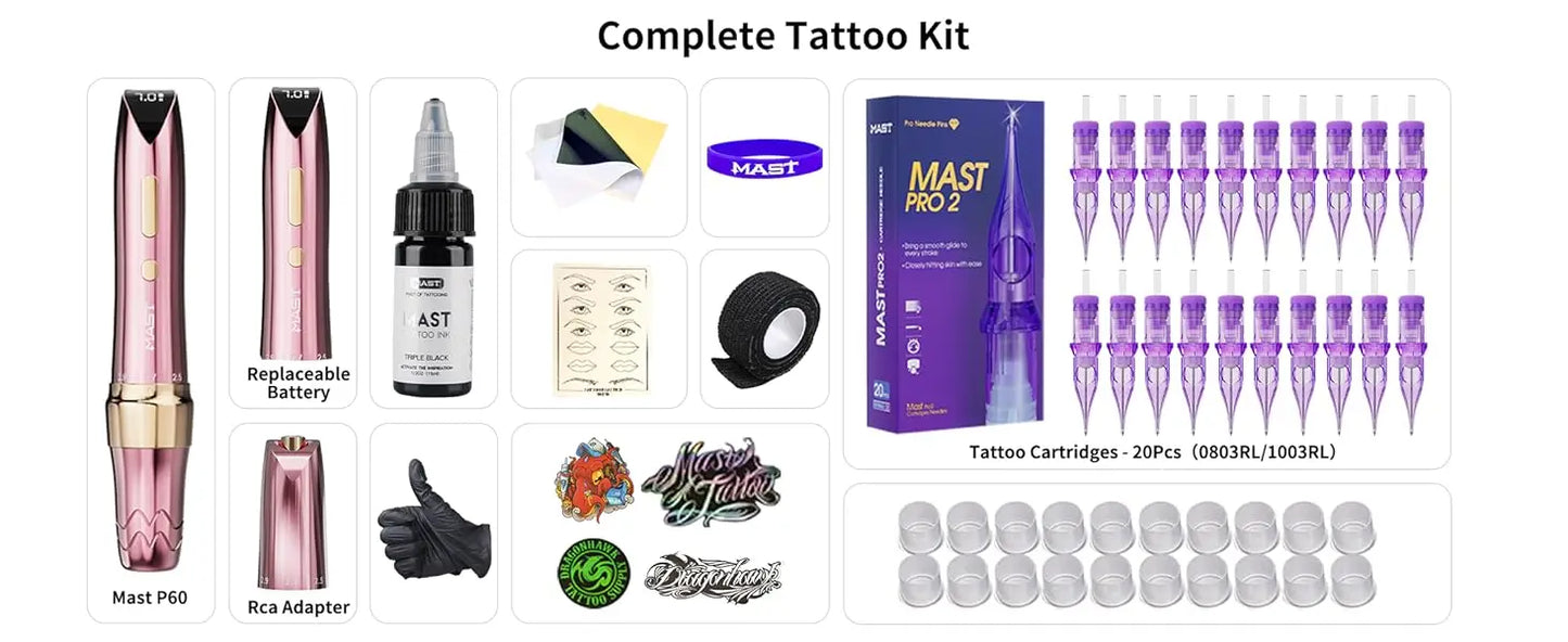 Mast P60 Permanent Makeup Machine Full Kit Wireless Battery Pen 2.2mm - 3.2mm 5 Strokes Portable Lightweight with 20 Pro Needles