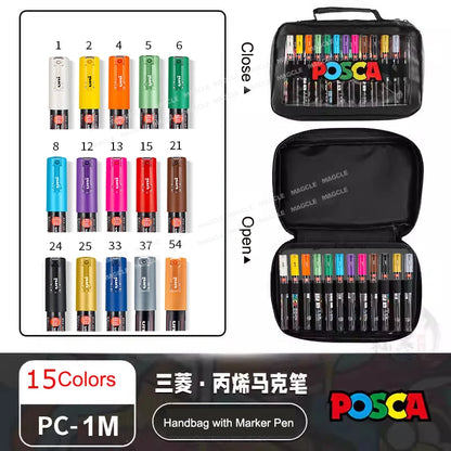 Uni Posca Color Acrylic Markers Set, Art Supplies 1M/3M/5M Fabric Paint Pen Japanese Stationery for Advertising Graffiti DIY