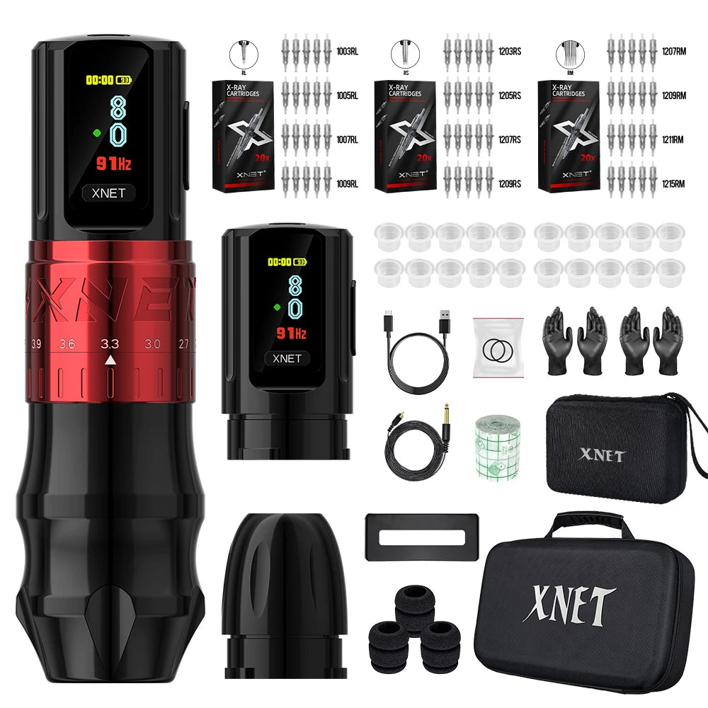 XNET Bestia Wireless Tattoo Machine Pen Kit Adjustable Stroke 2.4-4.2mm 2400mAh Battery OLED Display 60pc Mixed Tattoo Cartridge