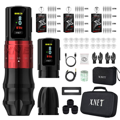 XNET Bestia Wireless Tattoo Machine Pen Kit Adjustable Stroke 2.4-4.2mm 2400mAh Battery OLED Display 60pc Mixed Tattoo Cartridge