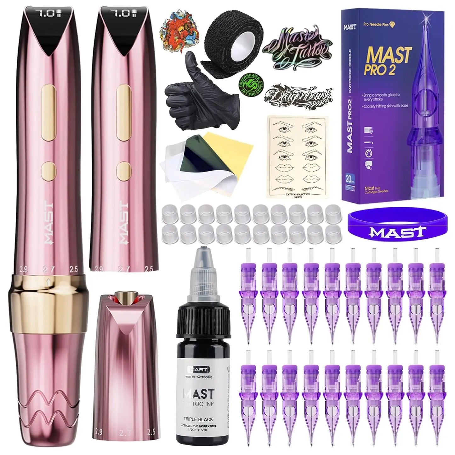 Mast P60 Permanent Makeup Machine Full Kit Wireless Battery Pen 2.2mm - 3.2mm 5 Strokes Portable Lightweight with 20 Pro Needles