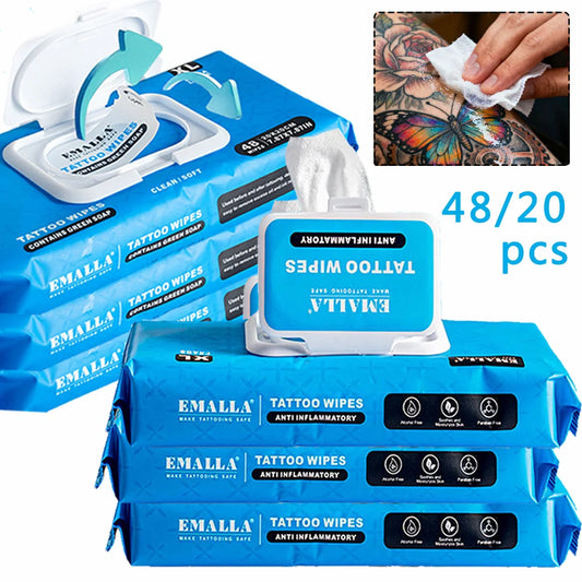48/20pcs EMALLA Tattoo Cleansing Green Soap Wipes Tattoo Wipes Contains Green Soap Permanent Makeup Tattoo Cleaning Accessories