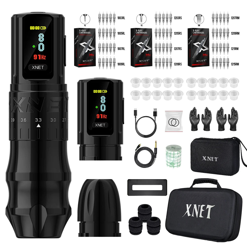 XNET Bestia Wireless Tattoo Machine Pen Kit Adjustable Stroke 2.4-4.2mm 2400mAh Battery OLED Display 60pc Mixed Tattoo Cartridge