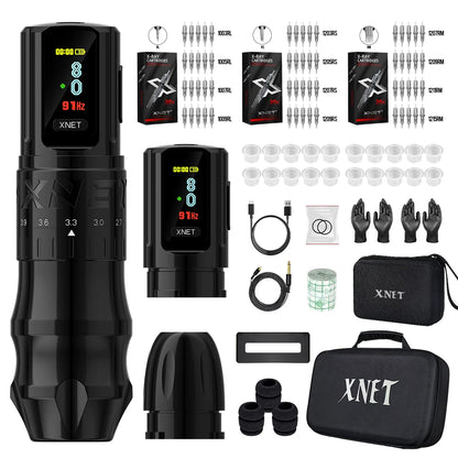 XNET Bestia Wireless Tattoo Machine Pen Kit Adjustable Stroke 2.4-4.2mm 2400mAh Battery OLED Display 60pc Mixed Tattoo Cartridge
