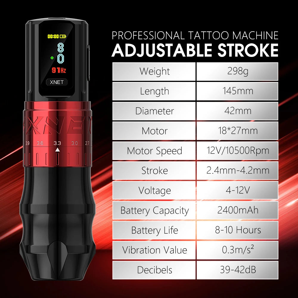 XNET Bestia Wireless Tattoo Machine Pen Kit Adjustable Stroke 2.4-4.2mm 2400mAh Battery OLED Display 60pc Mixed Tattoo Cartridge