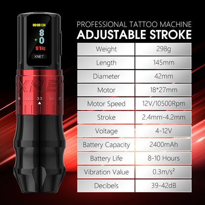 XNET Bestia Wireless Tattoo Machine Pen Kit Adjustable Stroke 2.4-4.2mm 2400mAh Battery OLED Display 60pc Mixed Tattoo Cartridge