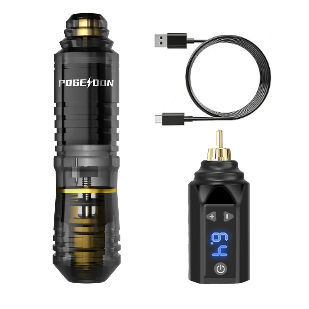 Tattoo Kit POSEIDON Transparent Tattoo Pen Kit For Permanent Makeup Tattoo Machine Kit Wireless Tattoo Power Supply Tattoo Gun
