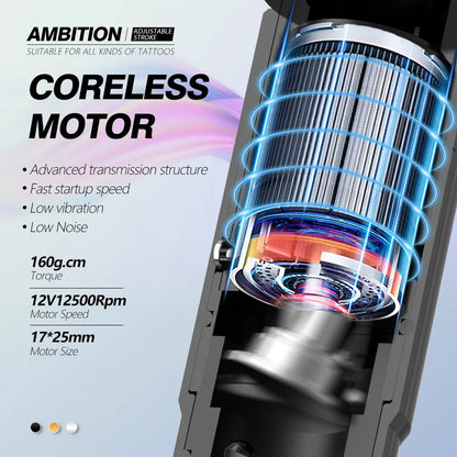 Ambition Sally Coreless Motor Adjustable Stroke Wireless Machine Tattoo Pen 2.0mm-3.5mm Rotary Permanent Makeup Tattoo Supplies