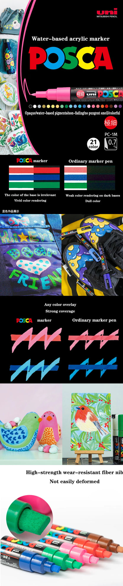 Japan Uni Posca Paint Marker Pen PC-1M POP Poster Graffiti Manga Advertising 0.7mm Art Supplies Stationery Multicolor Optional