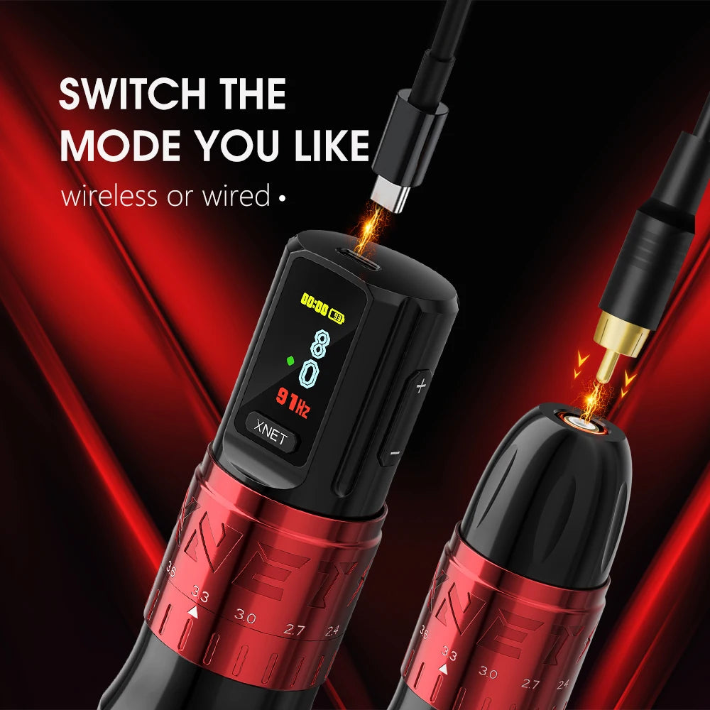 XNET Bestia Wireless Tattoo Machine Pen Kit Adjustable Stroke 2.4-4.2mm 2400mAh Battery OLED Display 60pc Mixed Tattoo Cartridge