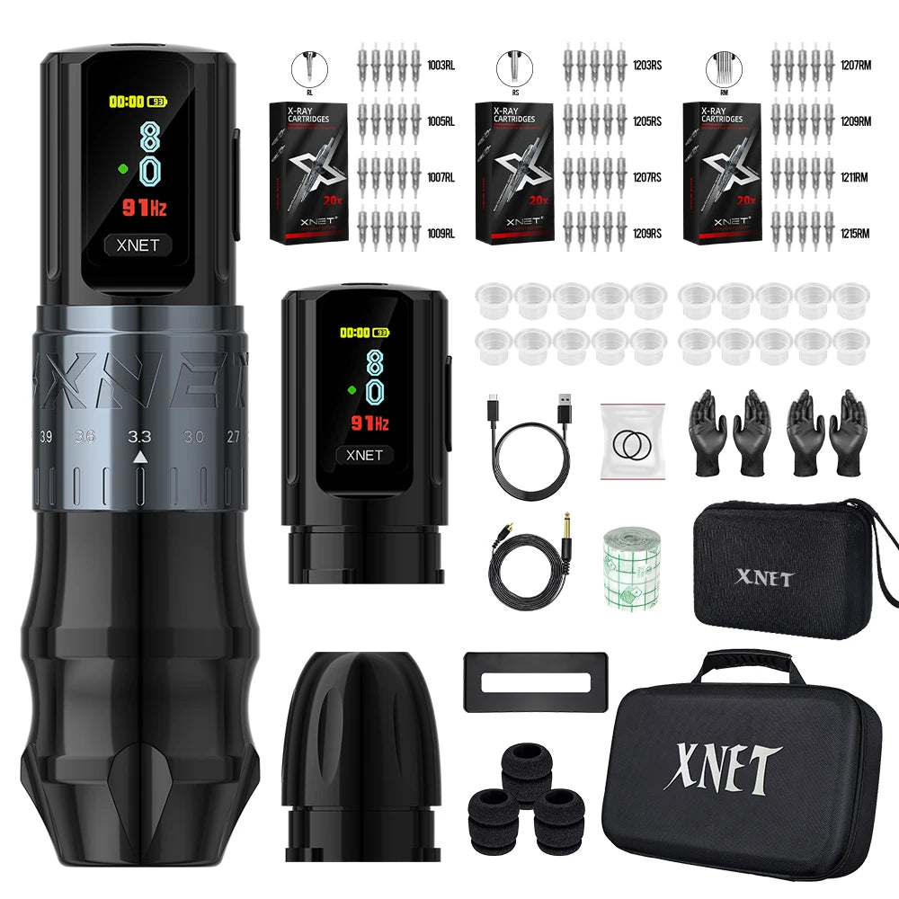 XNET Bestia Wireless Tattoo Machine Pen Kit Adjustable Stroke 2.4-4.2mm 2400mAh Battery OLED Display 60pc Mixed Tattoo Cartridge