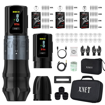 XNET Bestia Wireless Tattoo Machine Pen Kit Adjustable Stroke 2.4-4.2mm 2400mAh Battery OLED Display 60pc Mixed Tattoo Cartridge