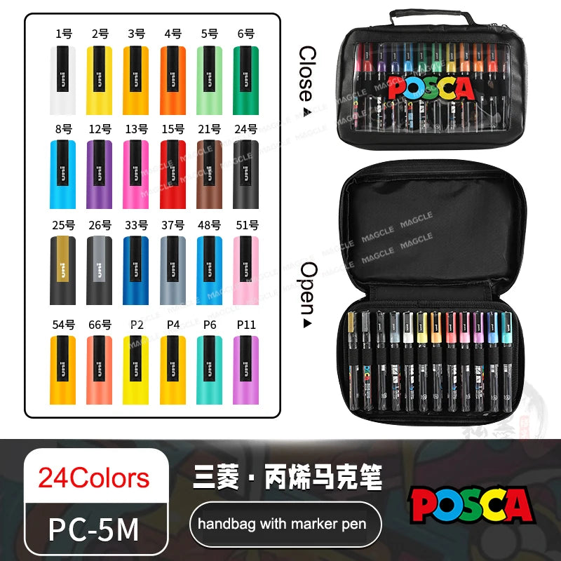 Uni Posca Color Acrylic Markers Set, Art Supplies 1M/3M/5M Fabric Paint Pen Japanese Stationery for Advertising Graffiti DIY