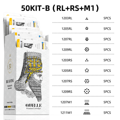 QUELLE 50Pcs Mixed Tattoo Cartridges RL/RS/RM 0.30/0.35mm Disposable Safety Needles Syringes With Membrane Make For Machine