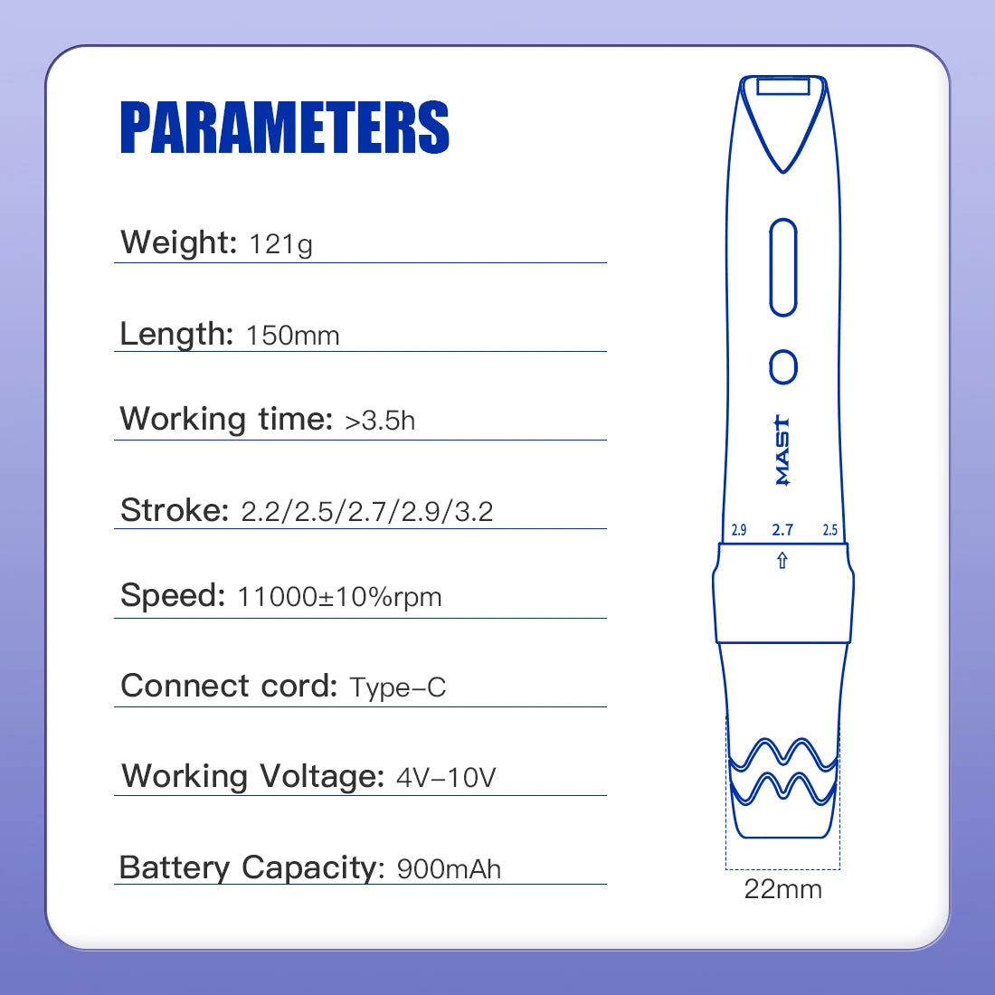 Mast P60 Permanent Makeup Machine Full Kit Wireless Battery Pen 2.2mm - 3.2mm 5 Strokes Portable Lightweight with 20 Pro Needles