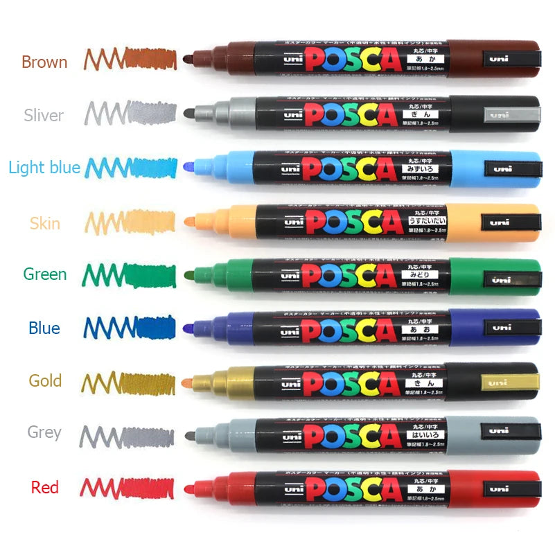 Uni Posca Color Acrylic Markers Set, Art Supplies 1M/3M/5M Fabric Paint Pen Japanese Stationery for Advertising Graffiti DIY