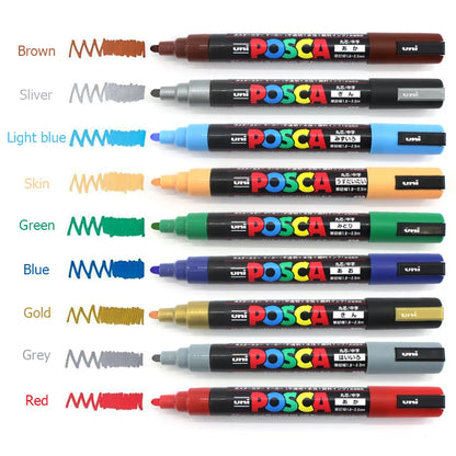 Uni Posca Color Acrylic Markers Set, Art Supplies 1M/3M/5M Fabric Paint Pen Japanese Stationery for Advertising Graffiti DIY