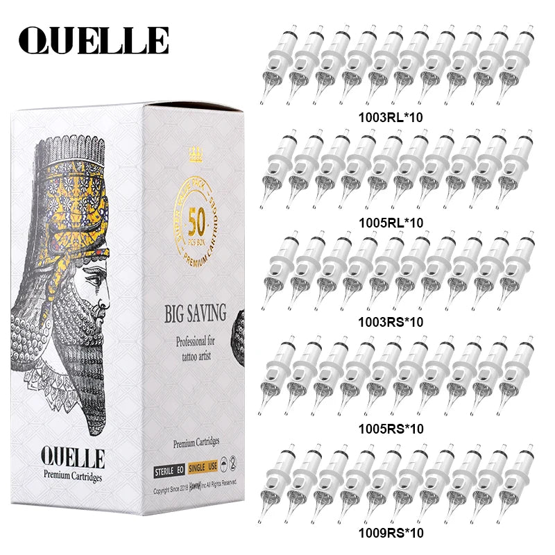 QUELLE 50Pcs Mixed Tattoo Cartridges RL/RS/RM 0.30/0.35mm Disposable Safety Needles Syringes With Membrane Make For Machine