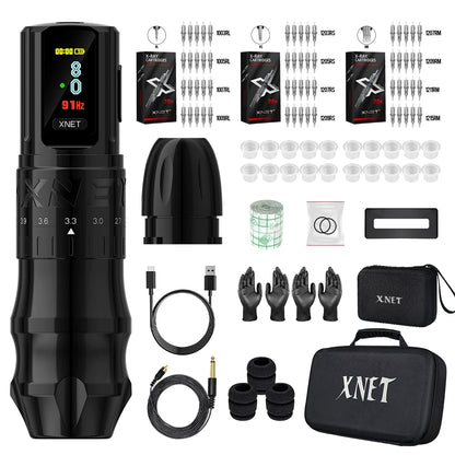 XNET Bestia Wireless Tattoo Machine Pen Kit Adjustable Stroke 2.4-4.2mm 2400mAh Battery OLED Display 60pc Mixed Tattoo Cartridge