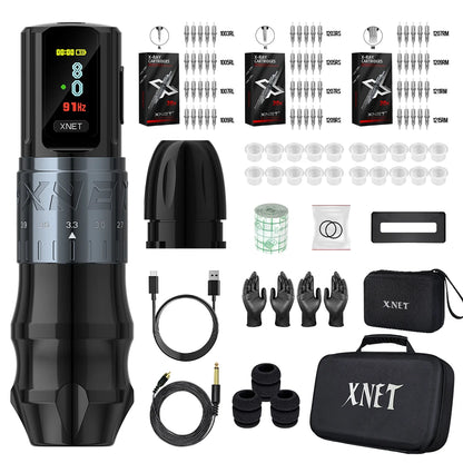 XNET Bestia Wireless Tattoo Machine Pen Kit Adjustable Stroke 2.4-4.2mm 2400mAh Battery OLED Display 60pc Mixed Tattoo Cartridge