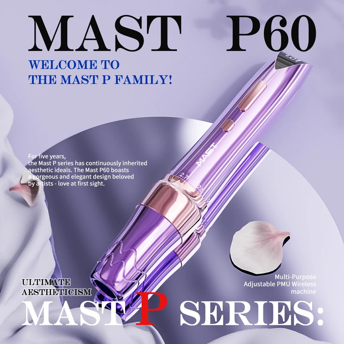 Mast P60 Permanent Makeup Machine Full Kit Wireless Battery Pen 2.2mm - 3.2mm 5 Strokes Portable Lightweight with 20 Pro Needles