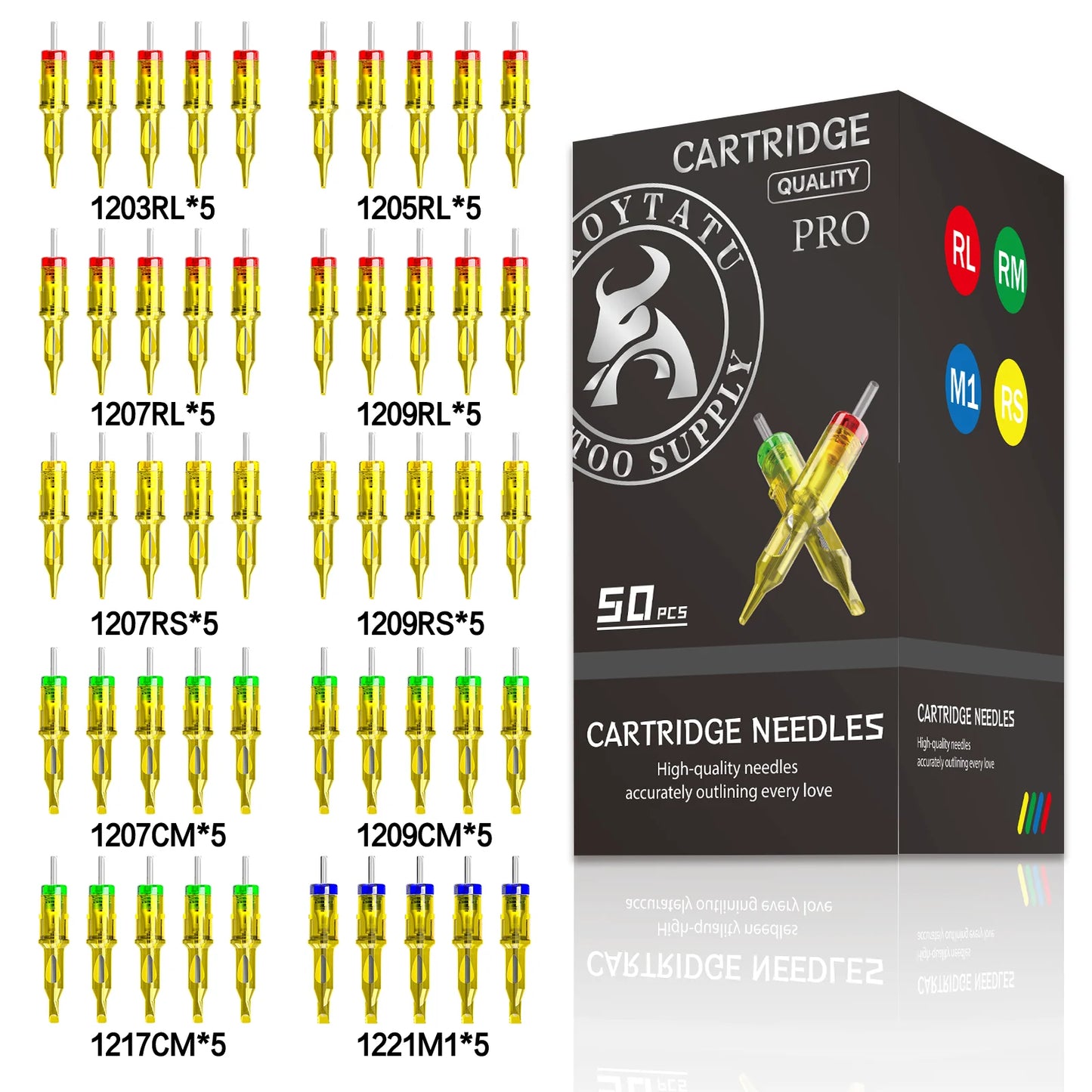 Cartouches d'Aiguilles Tatouage Troytatu PRO 50 Pièces – 316 Inox, Stérilisées EO Gas, 4 Types RL/RS/RM/M1